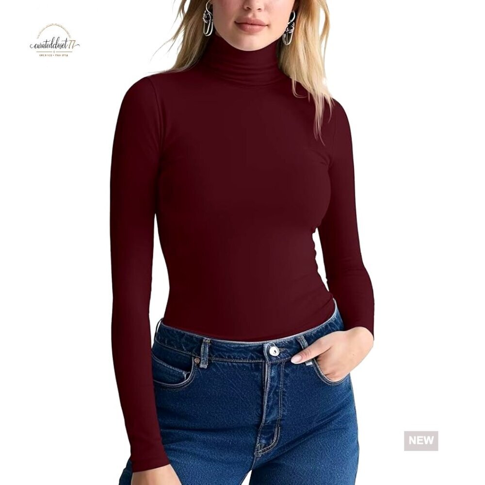 Fitted Long Sleeve Turtleneck Tee, Stretchy Polyester Blend, Slim Fit